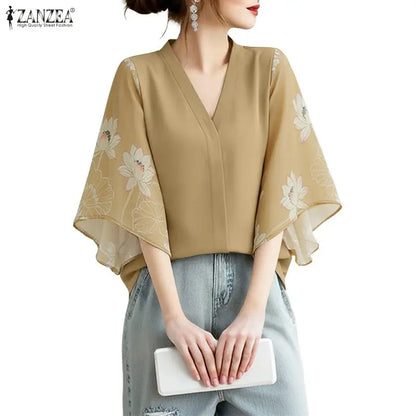 ZANZEA Floral Print Patchwork Casual Blouses for Woman V-Neck 3/4 Sleeve Blusas de Mujer Spring Summer Elegant Loose Tunic Tops