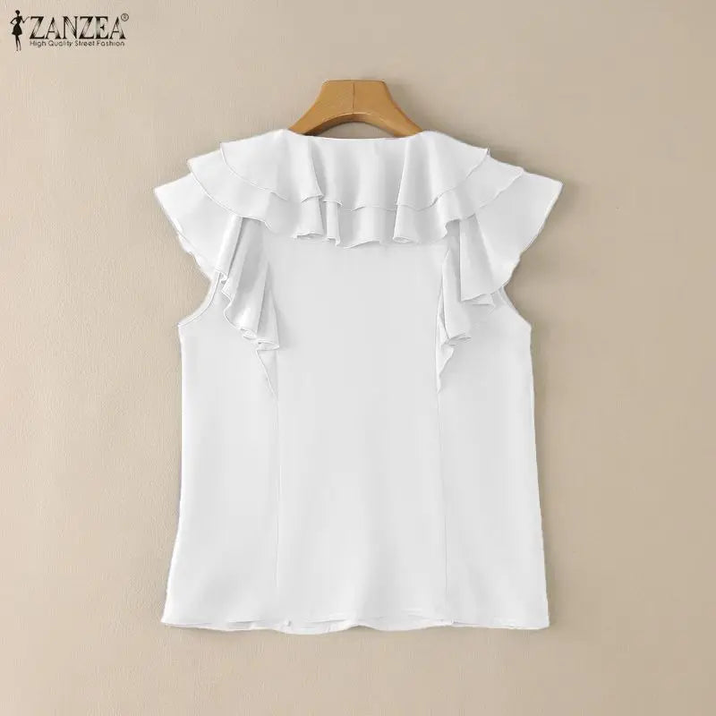 ZANZEA Women Layered Ruffles Blouses Elegant V-Neck Sleeveless Solid Color Top Summer Minimalist Casual Graceful Blusas de Mujer