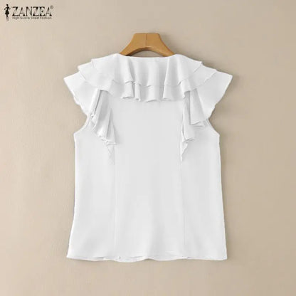 ZANZEA Women Layered Ruffles Blouses Elegant V-Neck Sleeveless Solid Color Top Summer Minimalist Casual Graceful Blusas de Mujer