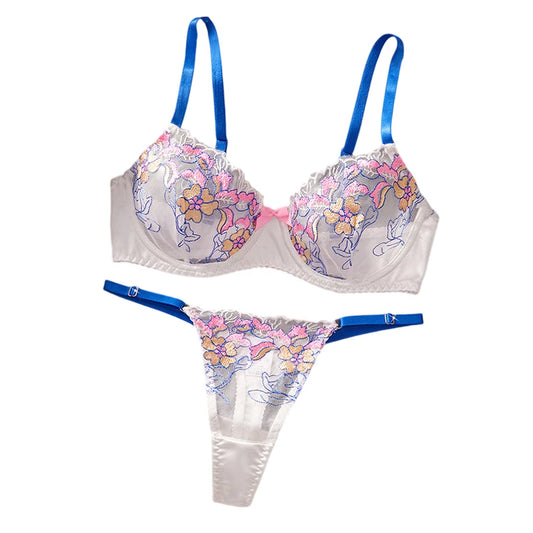 Women's Lingerie Sweet Floral Embroidered Lingerie Set Underwire Push Up Bra Panties Sets Elegant Mesh Underwear Soft Intimate
