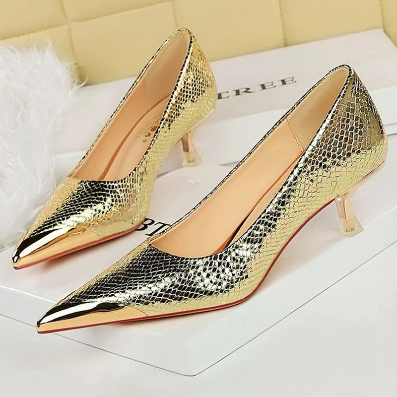 BIGTREE Shoes 4.5 Cm Women Kitten Heels Sequin Cloth Snake Pattern Middle Heeled Shoes Metal Pointed Tip Women Pumps Fashion