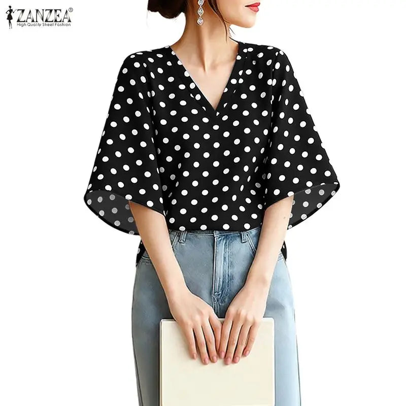 ZANZEA Woman Elegant Half Bell Sleeves Blouses Vintage Polka Dot V-Neck Loose Tops 2026 Summer Vacation Casual Blusas de Mujer