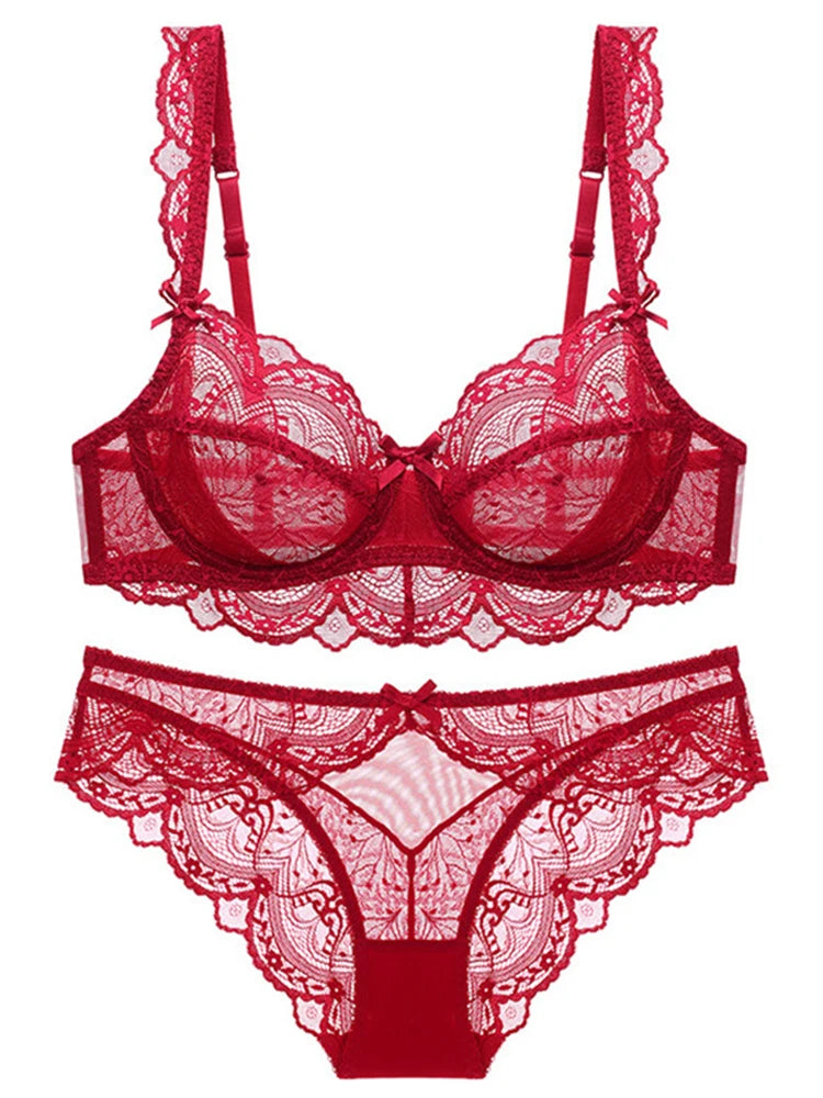 Sexy Lace Ultra Thin Transparent Bra and Panties Set Underwear Set Lingerie Women Brassieres A B C D E Cup 95C 95D