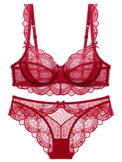 Sexy Lace Ultra Thin Transparent Bra and Panties Set Underwear Set Lingerie Women Brassieres A B C D E Cup 95C 95D