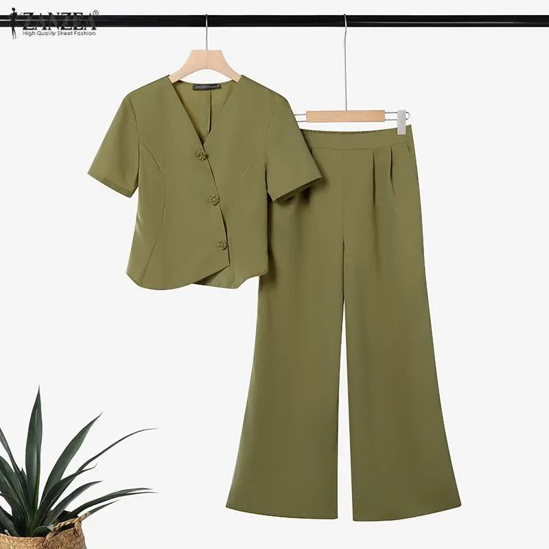 ZANZEA Women's Elegant OL Pant Sets Asymmetric Front Short Sleeve Tops & Wide Leg Pants 2 Pieces Sets Outfit Woman Trouser Suits