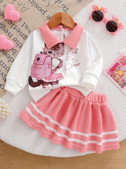 2pcs Cat Pattern Long Sleeve Polo Shirt And Pleated Skirt Set for Baby Girls Casual Comfortable Outfit for Autumn Winter