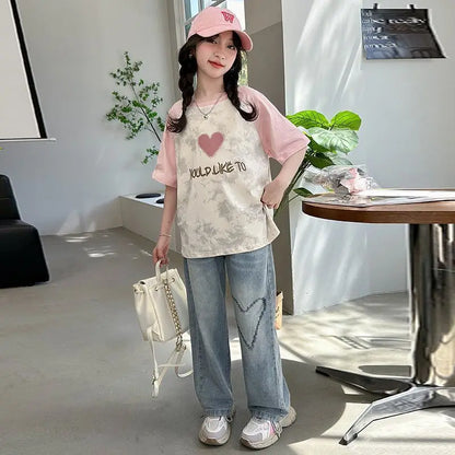 Big Girls Summer T-Shirt Raglan Sleeve Casual Tee Fresh Sweet Fashion Top New Arrival Short Sleeve for Kids Daily Outfit