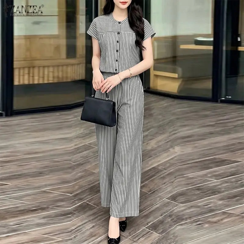Summer Women Pant Sets Fashion ZANZEA 2PCS Stripe Two-piece Outfits Short Sleeve Tops Wide Leg Pants Streetwear Matching Sets