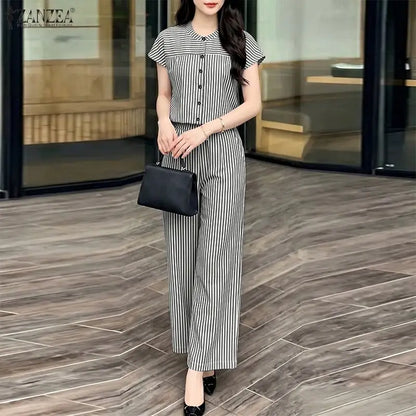 Summer Women Pant Sets Fashion ZANZEA 2PCS Stripe Two-piece Outfits Short Sleeve Tops Wide Leg Pants Streetwear Matching Sets