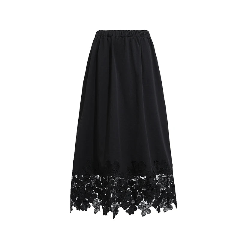 Amii Women's Skirt 2026 Summer New Elastic Waist Cutout Lace Hem Midi Casual Loose Fit Floral Trim Skirt For Women 12622106