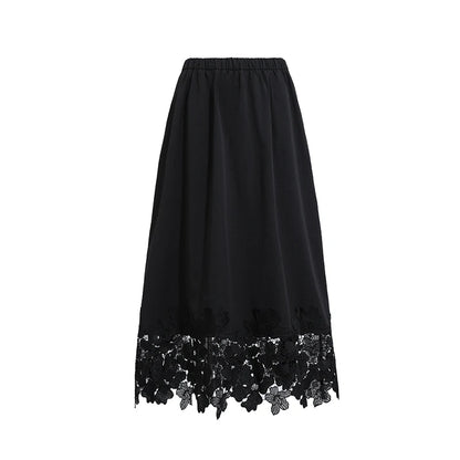 Amii Women's Skirt 2026 Summer New Elastic Waist Cutout Lace Hem Midi Casual Loose Fit Floral Trim Skirt For Women 12622106