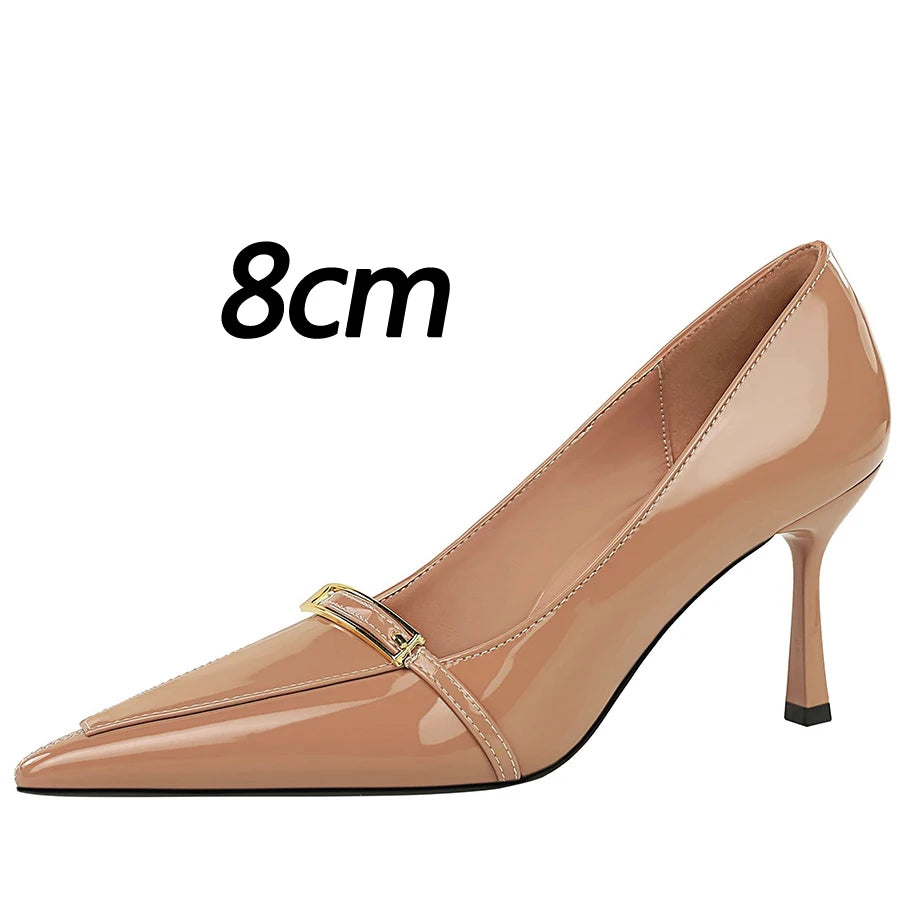 BIGTREE Shoes Patent Leather Women Pumps Sexy Metal Buckle High Heels Stiletto  8 Cm Occupation Office Shoes Banquet Shoes 2026