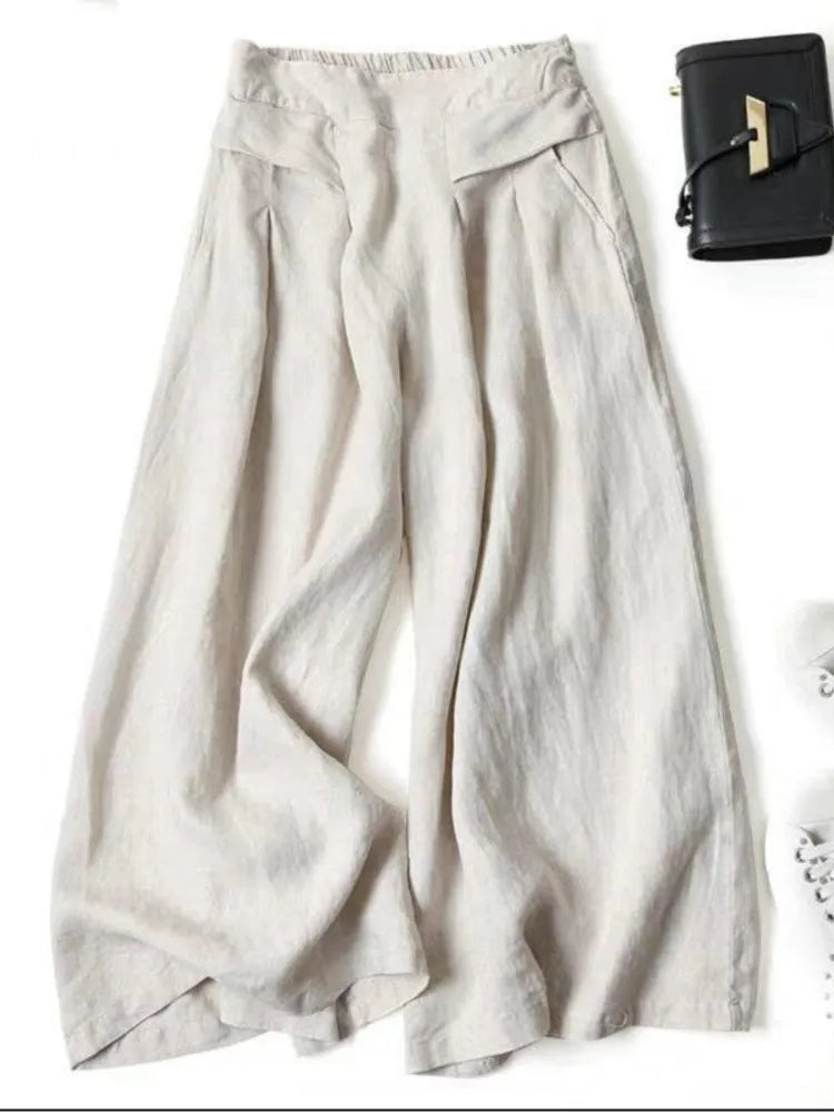 Y2K Lady Nine-point Pants Mid-rise Cotton Linen Wide-leg Large Size Trousers Loose Casual Commuting Daily Wear Tights Sweatpants
