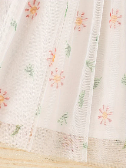White Camisole 3D Flower Dress - Floral Tulle Hem Girls’ Fairy Sweet Princess Gown