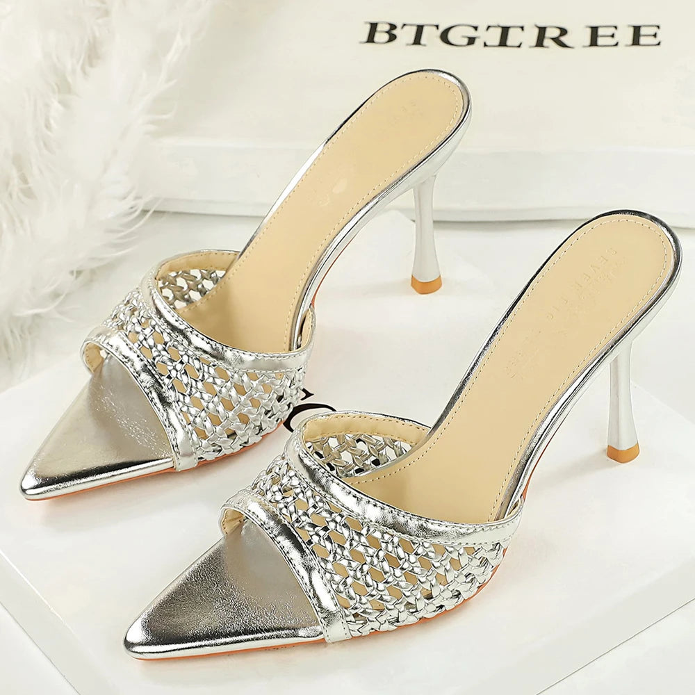 BIGTREE Shoes Weaving Design High-Heeled Sandals Women Shoes Summer Women Pumps Pointed Open-Toe Stiletto 9 CM Heeled Slippers