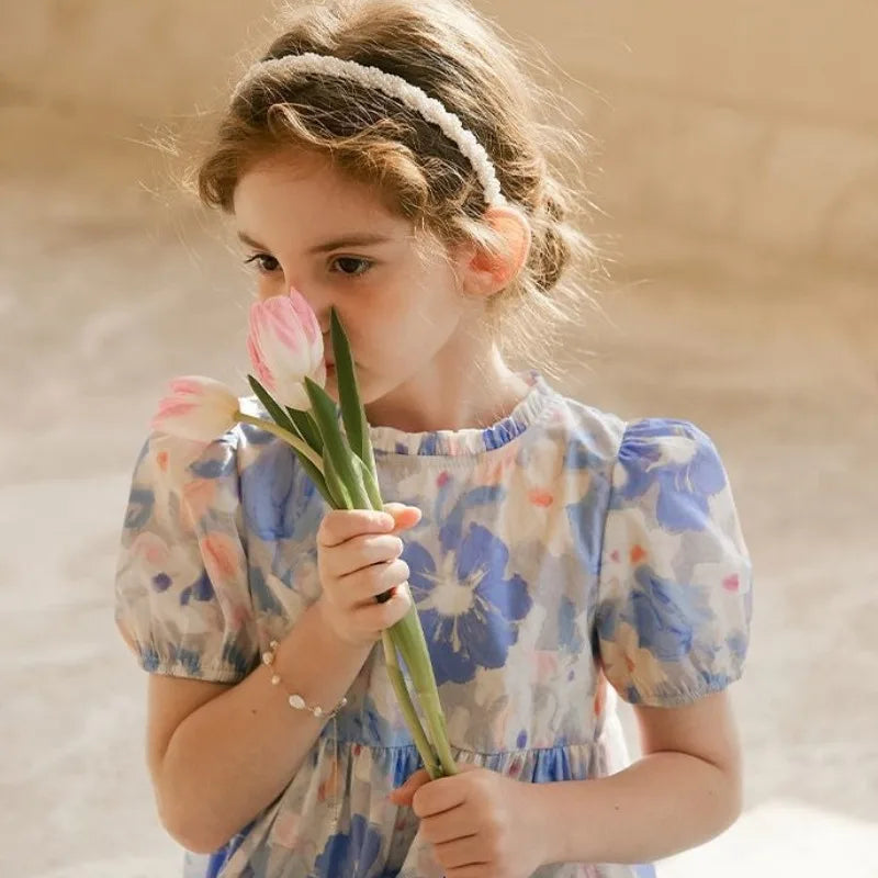 Cotton Dress with Lace Trim in French Retro Oil Painting Style Flower Girl Dresses Children's Clothing Luxury Girls Costume Kids