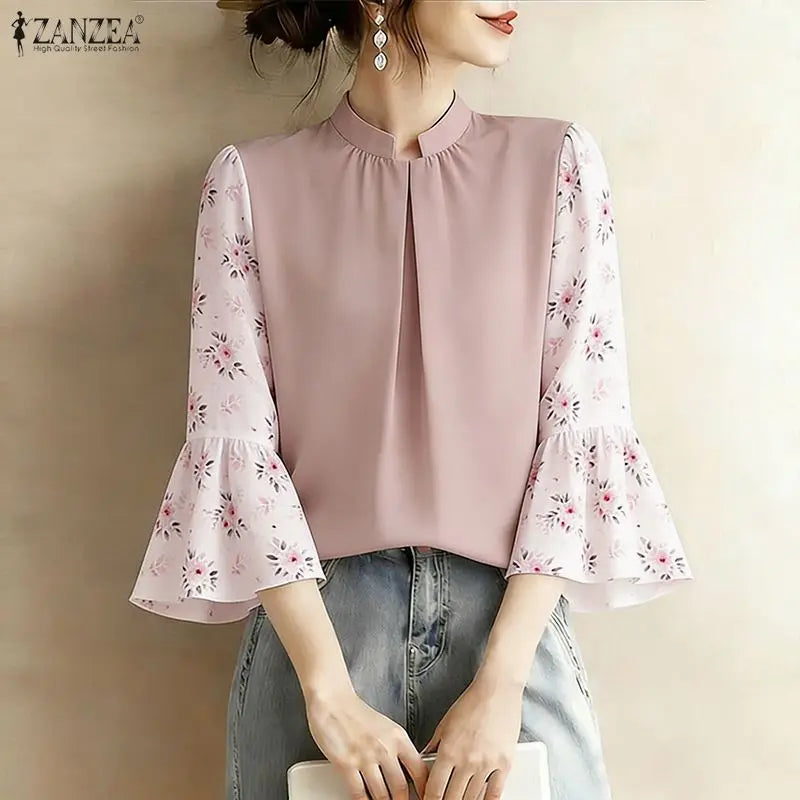 ZANZEA Summer Woman Elegant Blouses Vintage Stand Collar Floral Printed 3/4 Sleeve Pleated Tops Loose Casual Blusas de Mujer