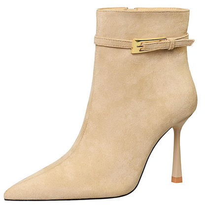 Fashion Sexy High-Heeled Boots Women Shoes Belt Buckle Side Zipper Ladies Ankle Boots Pointed Suede Women Boots Stilettos 9 cm