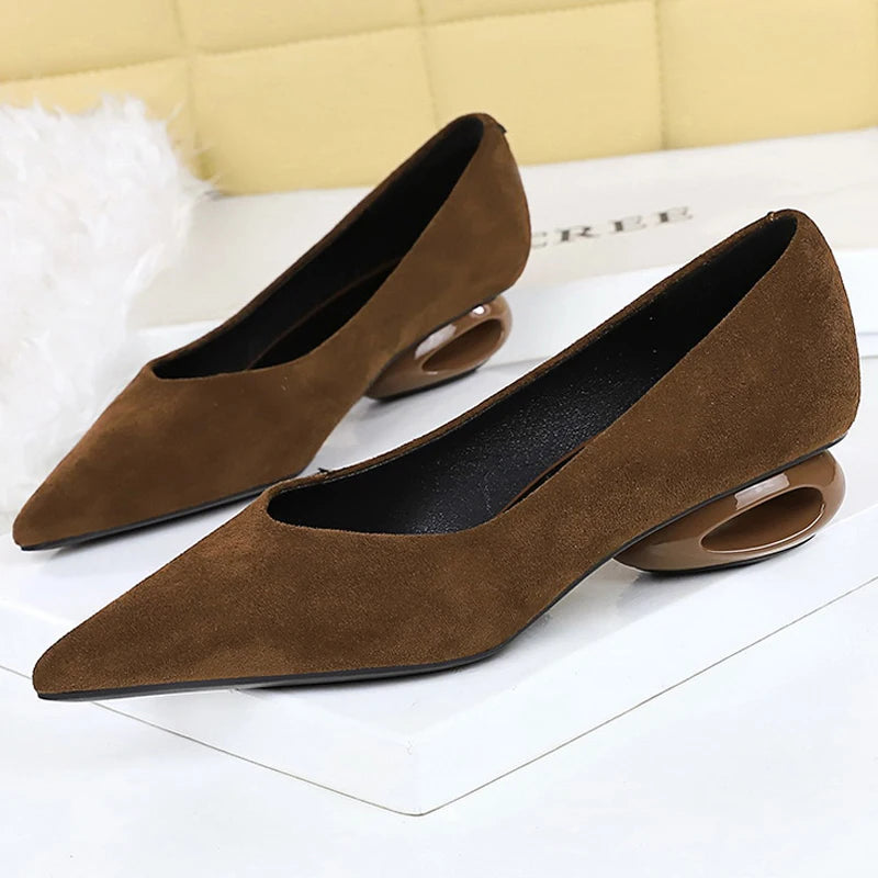 BIGTREE Shoes Low Heeled Women's Shoes Hollow Out Women Pumps Pointed Tip Luxury Banquet Shoes Suede Office Shoes Women Heels