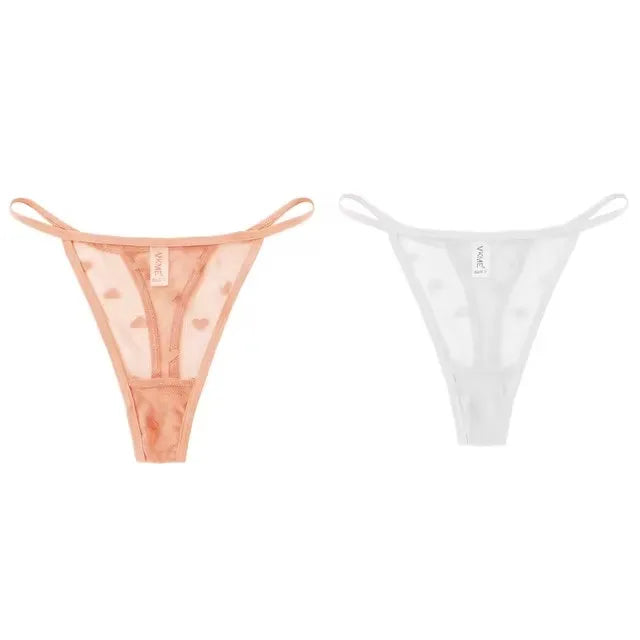 2Pcs Heart See Through Mesh G-String T-Pants Underpants Sexy Lace Sheer Underwear Women's Low Waist  Lingerie Thong Panties