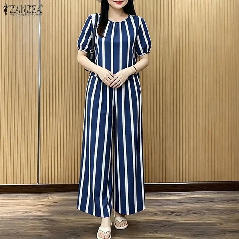ZANZEA Women's Casual Striped 2-Piece Pant Sets Short Sleeve Loose Blouse & Wide Leg Trousers Suits Stylish Everyday Work Outfit