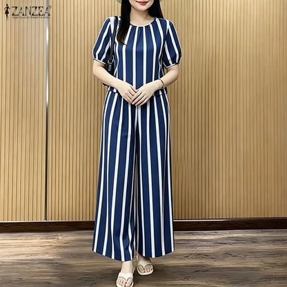 ZANZEA Women's Casual Striped 2-Piece Pant Sets Short Sleeve Loose Blouse & Wide Leg Trousers Suits Stylish Everyday Work Outfit