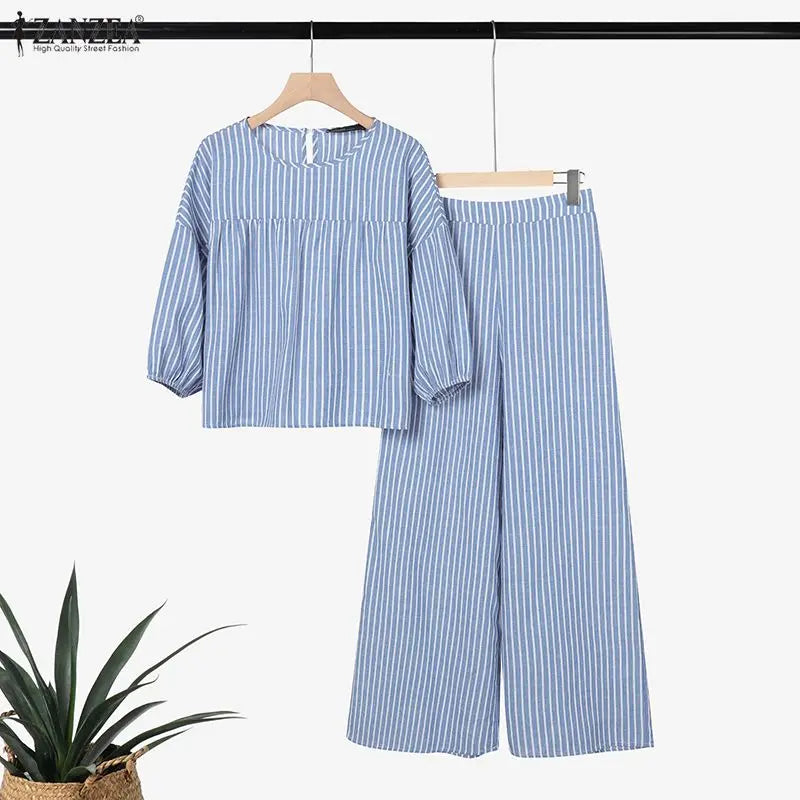 2026 ZANZEA Summer Pant Sets Women Striped Tracksuit 2 Piece Sets Short Sleeve Blouse Wide Leg Trousers Elegat OL Work Tracksuit