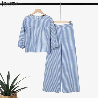 2026 ZANZEA Summer Pant Sets Women Striped Tracksuit 2 Piece Sets Short Sleeve Blouse Wide Leg Trousers Elegat OL Work Tracksuit