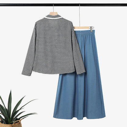 ZANZEA Women Muslim Sets Vintage Gingham Patchwork Fake 2 Pieces Blouse  Maxi Skirt Suit Casual Long Sleeve Tops Matching Sets