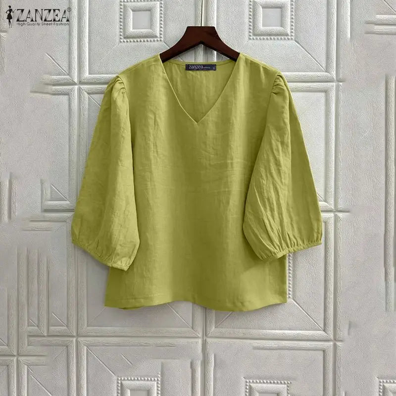 ZANZEA Women's Cotton Linen Breathable Blouses Casual V-Neck 3/4 Lantern Sleeves Solid Color Tops Everyday Wear Blusas de Mujer
