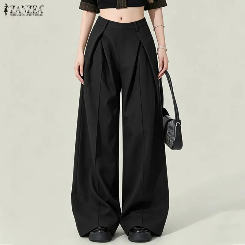 2026 ZANZEA Summer Causal Elastic Waist Baggy Trousers Fashion Women Loose Wide Leg Pants Elegant Solid OL Work Pantalon Street