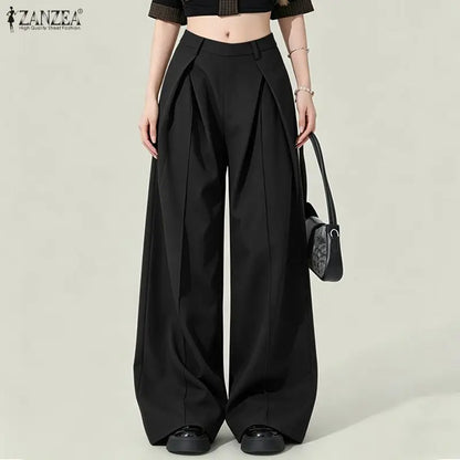 2026 ZANZEA Summer Causal Elastic Waist Baggy Trousers Fashion Women Loose Wide Leg Pants Elegant Solid OL Work Pantalon Street