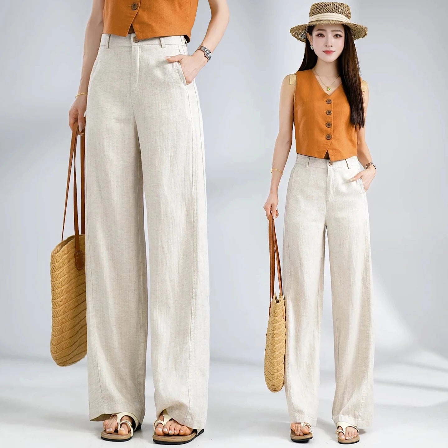 Summer Thin Linen Wide Leg Pants Women Casual Loose Drape Straight Leg  Pants High Waist Comfortable Breathable Cool