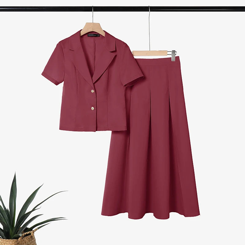 ZANZEA Women Summer 2 Piece Sets Elegant Short Sleeve Lapel Neck Blouse Dress Sets Solid A Line OL Work Skirt Suit Office Outfit