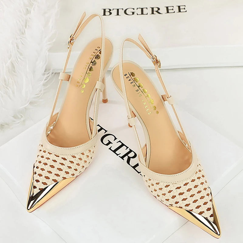 Fashion Hollow Weaving Women Pumps Metal Pointed Tip High Heels Stiletto 9.5 Cm Buckle Summer Women's High-Heeled Sandals Shoes