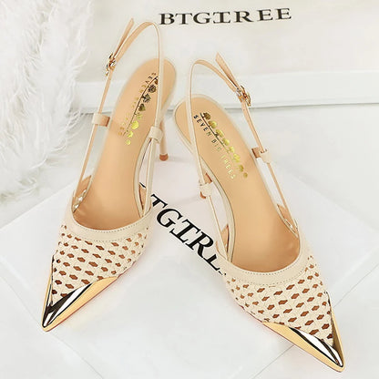 Fashion Hollow Weaving Women Pumps Metal Pointed Tip High Heels Stiletto 9.5 Cm Buckle Summer Women's High-Heeled Sandals Shoes