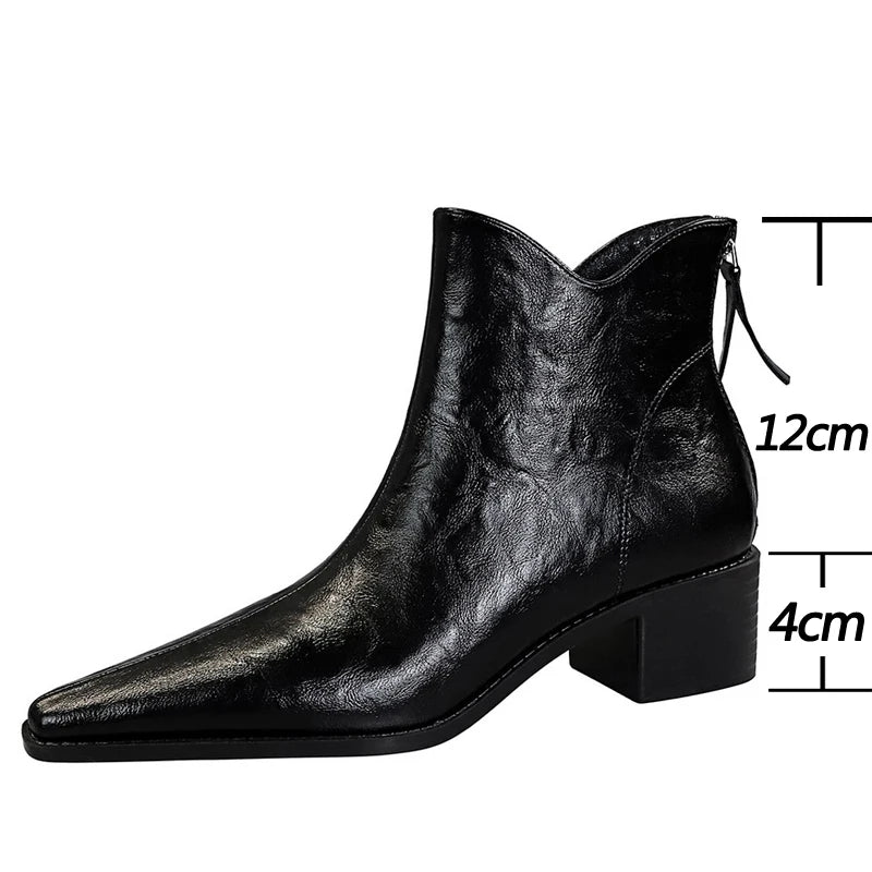 Retro Scratch Pattern Women's Boots, Thick Heel, Pointed Toe Short Boots , Slimming Women Ankle Boots Mid Heel Leather Boots