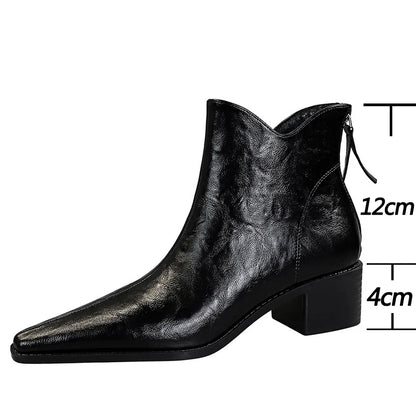 Retro Scratch Pattern Women's Boots, Thick Heel, Pointed Toe Short Boots , Slimming Women Ankle Boots Mid Heel Leather Boots
