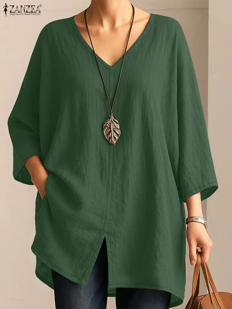 ZANZEA 2025 Autumn 3/4 Sleeve Blouses Women Casual V-Neck Solid Color Slit Hem Long Blouse Loose Everyday Wear 3 Colors S-3XL