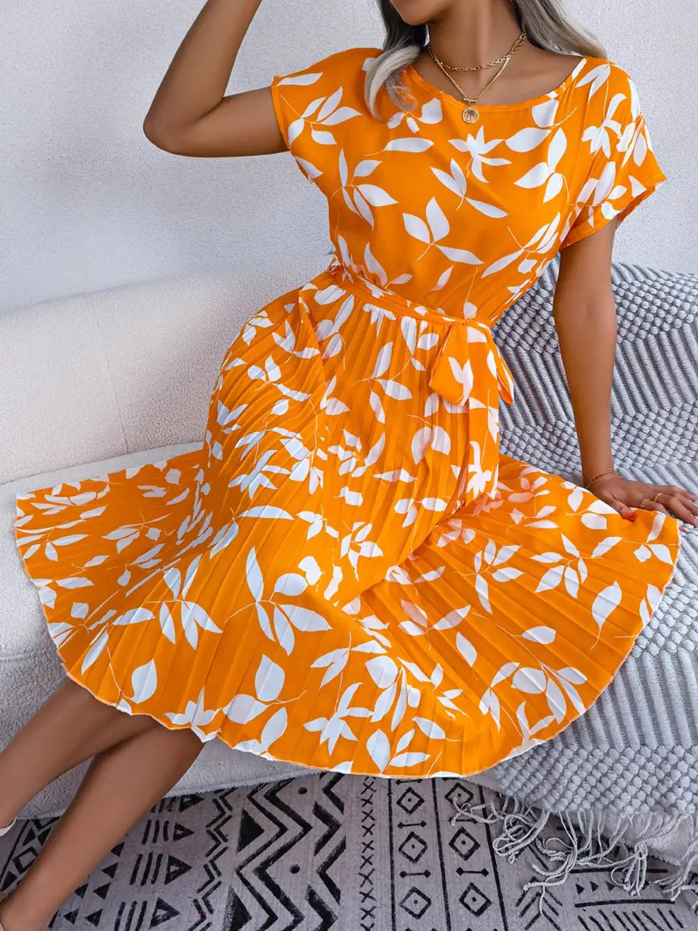Ficusrong Fashion Floral Pleated A Line Long Dress Women Spring Summer Short Sleeve High Waist Chic Dress