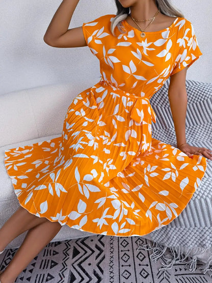 Ficusrong Fashion Floral Pleated A Line Long Dress Women Spring Summer Short Sleeve High Waist Chic Dress
