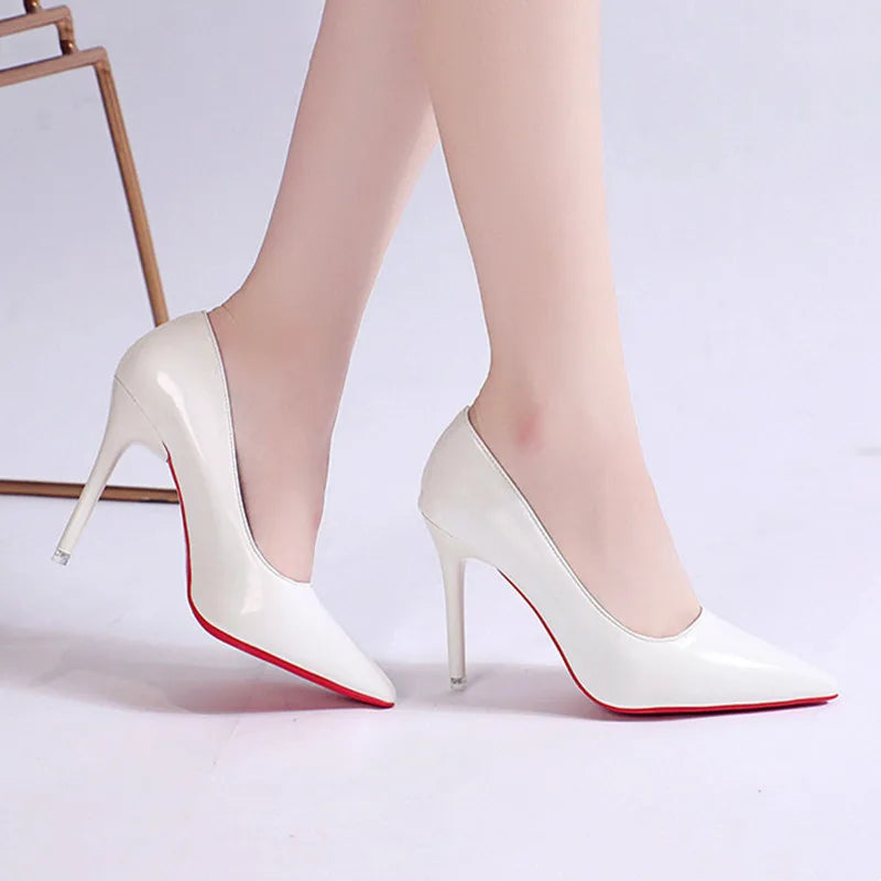 White Nude Pointed Toe Patent Leather High Heels Sexy Red Sole Party Prom Girl Pumps Minimalist Shallow Mouth Work Single Shoes