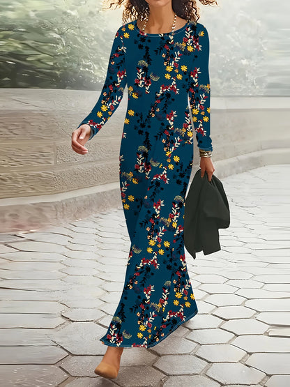 Printed design Casual Style Floral Print On Teal Dress Women's Long Sleeve Dress