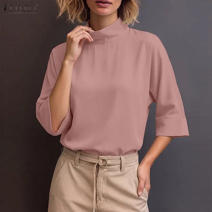ZANZEA Woman Plus Size Blouses Casual Mock Neck 3/4 Sleeve Loose Solid Shirts Autumn 2026 Vintage Daily Wear Blusas Mujer 5XL