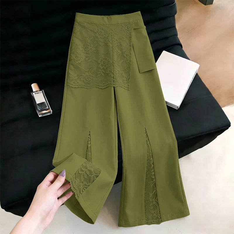 ZANZEA Women Wide Leg Pants Fashion Lace Patchwork Pant Casual Loose Long Trousers Elastic Waist Streetwear Oversized