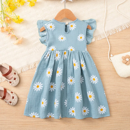 Girls' summer daisy print dress, cotton muslin sweet bowknot dress, ruffle sleeve breathable lightweight dress