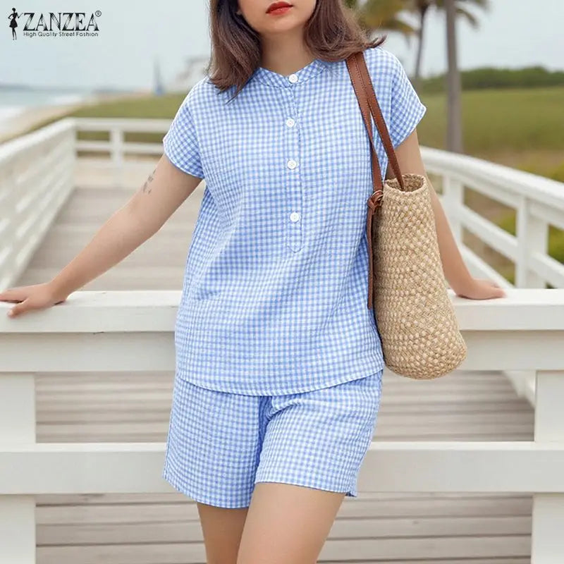 2026 ZANZEA Fashion Summer 2 Piece Sets Women Short Sleeve Plaid Blouse Short Sets Holiday Tracksuit Casual Work Outfit Oversize