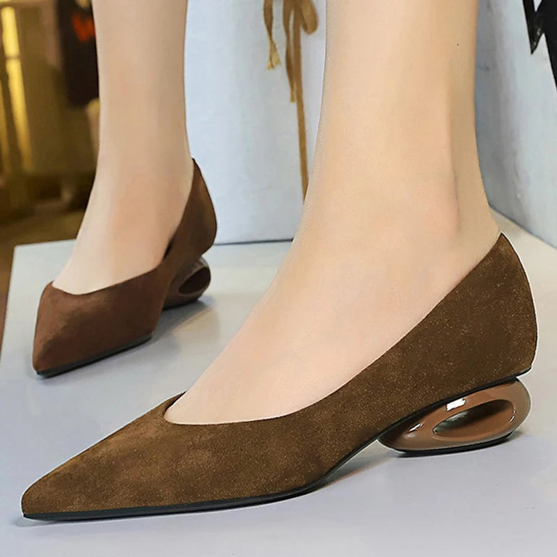 BIGTREE Shoes Low Heeled Women's Shoes Hollow Out Women Pumps Pointed Tip Luxury Banquet Shoes Suede Office Shoes Women Heels