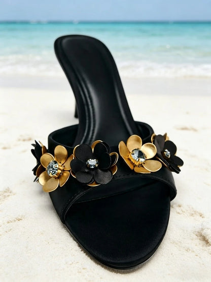 Novelty Metallic Flower Crystal Detail Women's Slippers Sexy Peep Toe Luxury Heeled Sandals for Ladies Summer Elegant Women Shoe