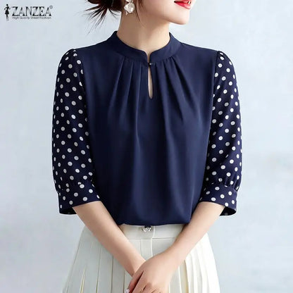 ZANZEA Women Elegant Gathered Blouses Spring Polka Dot 3/4 Puff Sleeves Stand Collar Tops Summer Daily Casual Blusas de Mujer